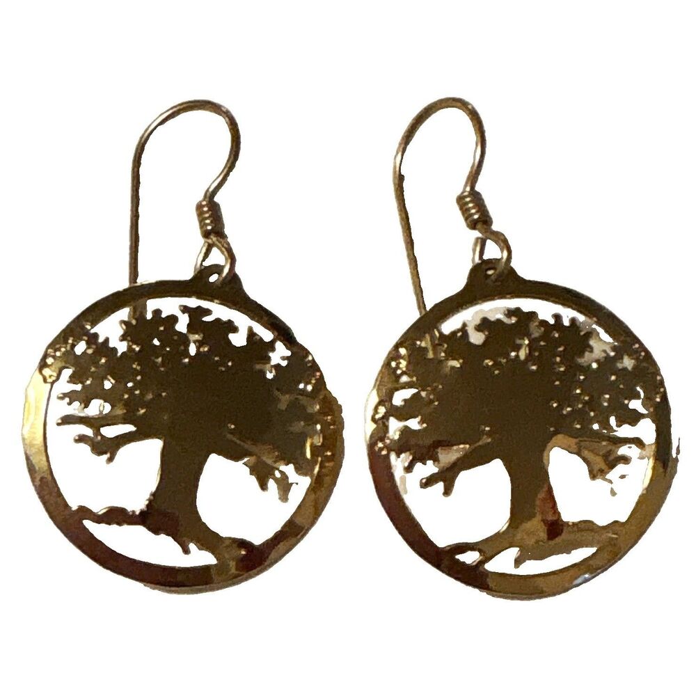 Gold Tone Round Tree of Life Cutout Disc Hook Dangle Drop Earrings